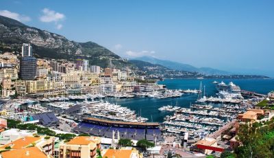 View of Port Hercule with charter yachts during the Monaco Grand Prix