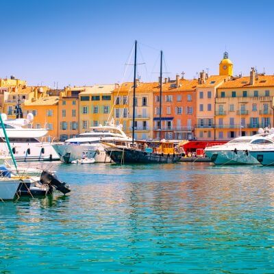 The port of St Tropez on the French Riviera with moored charter yachts