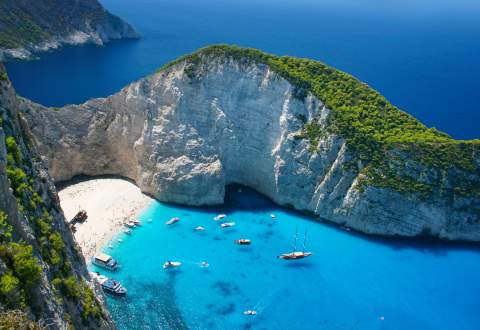 View of Navagio or Shipwreck Beach on Zakynthos island in Greece during a Mediterranean yacht charter