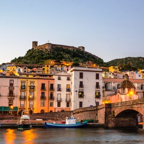 The Sardinian town of Bosa and its romantic atmosphere at nightfall